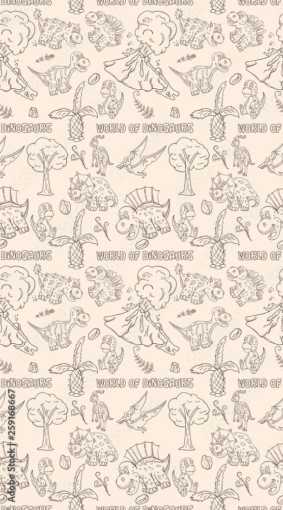 contour seamless illustration_1_of the pattern of small dinosaurs and trees, plants, stones, for design in the style of Doodle
