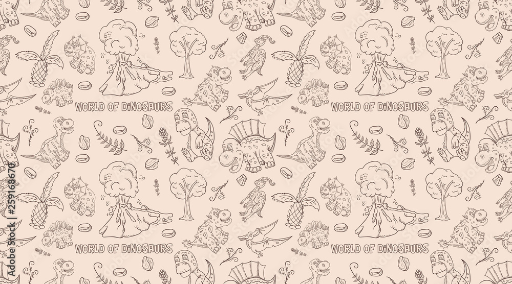contour seamless illustration of the pattern of small dinosaurs and trees, plants, stones, for design in the style of Doodle