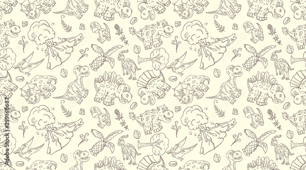 contour seamless illustration_4_of the pattern of small dinosaurs and trees, plants, stones, for design in the style of Doodle contour seamless illustration_4_of the pattern of small dinosaurs and trees, plants, stones, for design in the style of Doodle