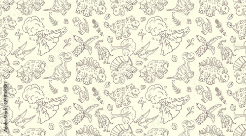 contour seamless illustration_4_of the pattern of small dinosaurs and trees, plants, stones, for design in the style of Doodle