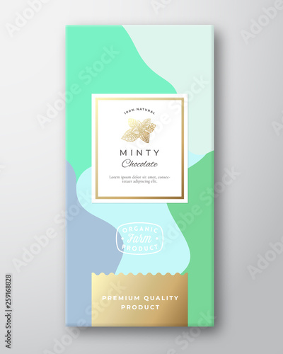 Minty Chocolate Label. Abstract Vector Packaging Design Layout with Soft Realistic Shadows. Modern Typography, Hand Drawn Mint Spice Branch Silhouette and Colorful Background.