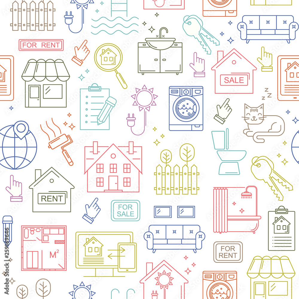 Seamless vector real estate line style pattern. Linear background with sale and rent buildings, house, flat and room. Seamless vector real estate line style pattern. Linear background with sale and rent buildings, house, flat and room.