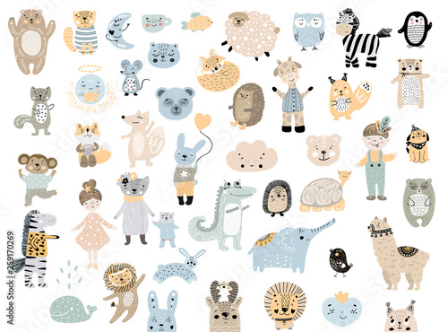 Big set of wild cartoon animals pets. Cute handdrawn kids clip art collection. Vector illustration.