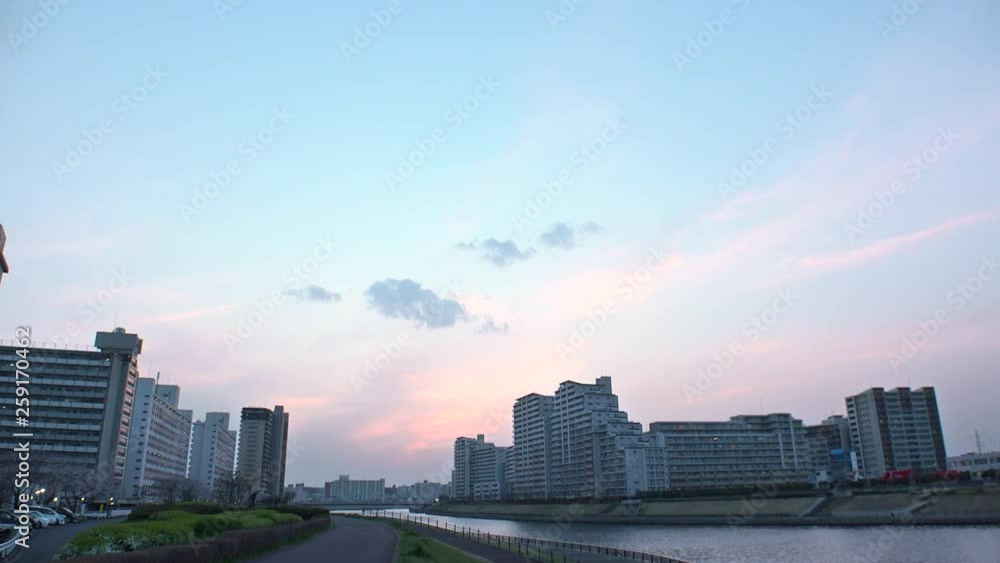 OJI, TOKYO, JAPAN - CIRCA APRIL 2019 : Scenery of RESIDENTIAL APARTMENT area in SUNSET at Oji city. This area is famous for HUGE APARTMENT BUILDINGS in Tokyo. OJI, TOKYO, JAPAN - CIRCA APRIL 2019 : Scenery of RESIDENTIAL APARTMENT area in SUNSET at Oji city. This area is famous for HUGE APARTMENT BUILDINGS in Tokyo.
