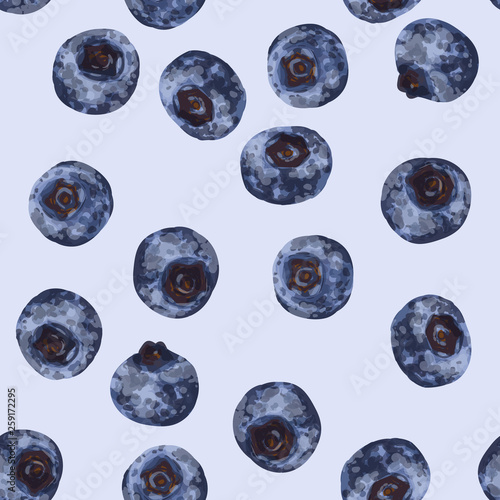 Vector seamless pattern with hand-drawn realistic blueberry, like paints, juicy colors, appetizing looks, fresh, tasty, distinct over the background of light bilberry color. Summer wild berries