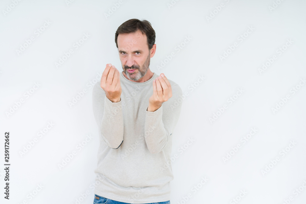 Elegant senior man over isolated background Doing money gesture with hand, asking for salary payment, millionaire business Elegant senior man over isolated background Doing money gesture with hand, asking for salary payment, millionaire business