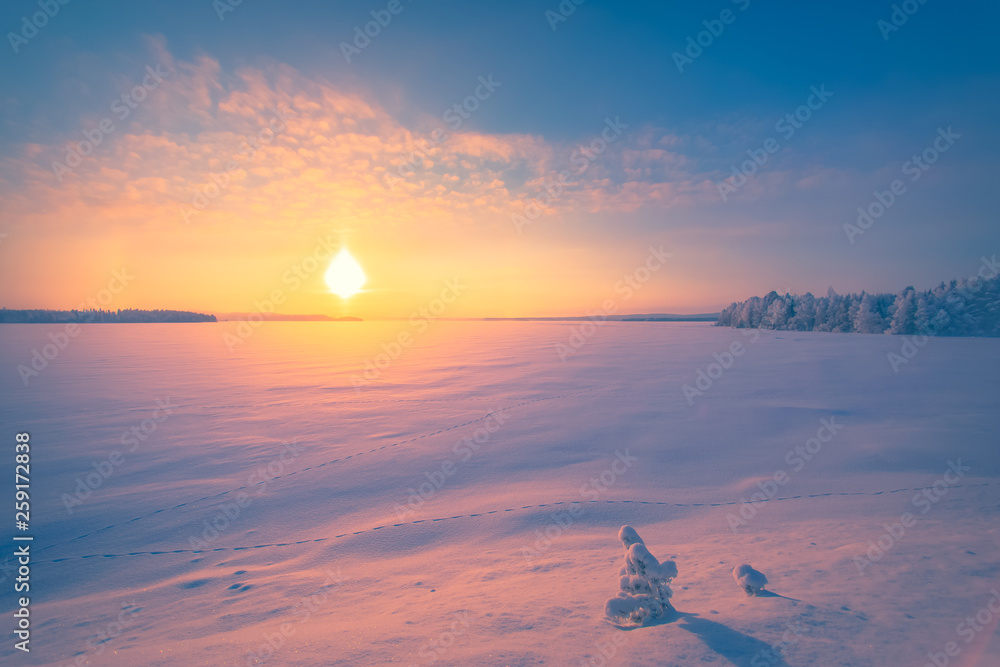 Winter sunset landscape from Sotkamo, Finland.