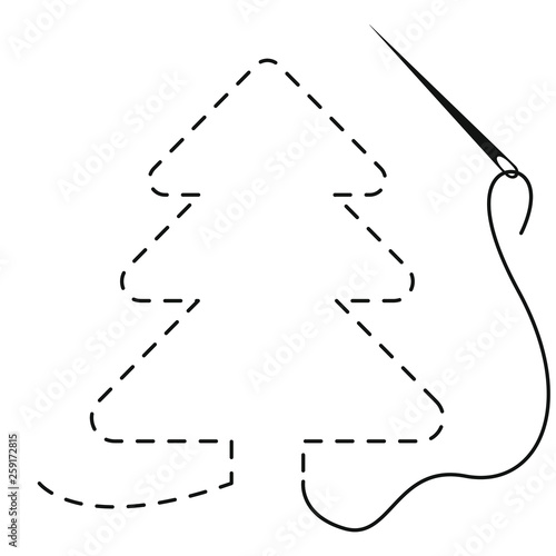 Silhouette of christmas tree with interrupted contour. Vector illustration of handmade work with embroidery thread and needle on white background.