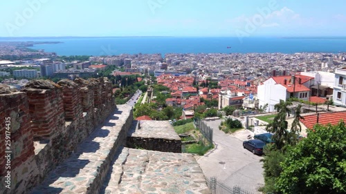 Thessaloniki skyline. Scenic view of the city, Mountains and coastline of Thermaic Gulf of Aegean Sea from the fortress walls of Heptapyrgion in Thessaloniki city, Greece photo