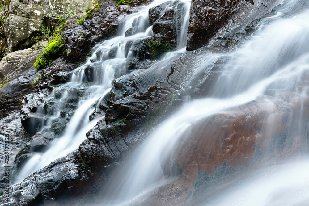 Obraz premium Beautiful natural water fall into the interior of andean forest in a stream called Miraflores located in the mountains.