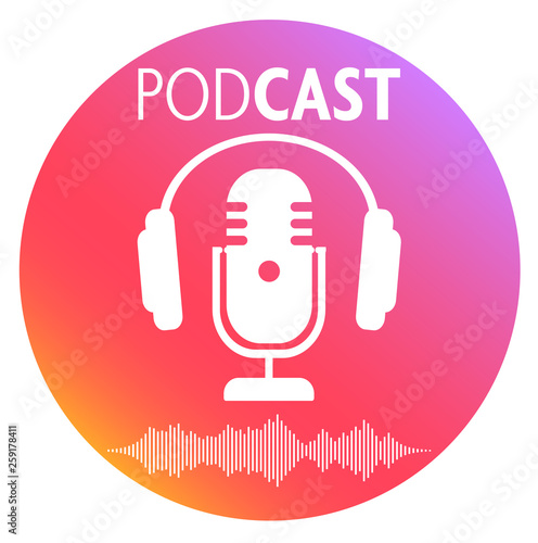 round podcasting symbol with microphone, headphone and audio waveform