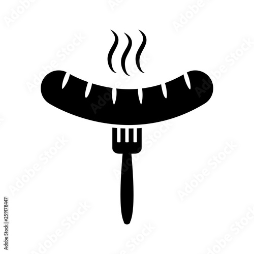 Grilled sausage with fork, barbecue, black icon. Vector illustration