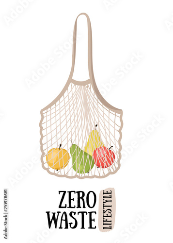 Zero waste lifestyle concept. String bag with eco slogan isolated on white background. Vector illustration.