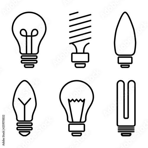 Set of light bulb icons, different lamp, line art. Vector illustration