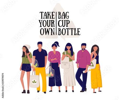 Zero waste lifestyle concept. Colorful poster with people and reusable, string bags isolated on white background. Vector illustration with motivational slogan.