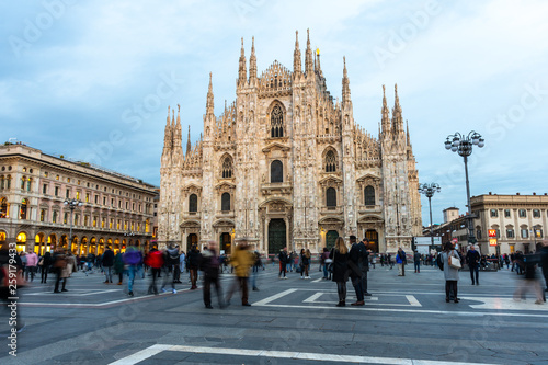 Piazza Duomo with People and Tourists and Blue Sky in Milan,Italy