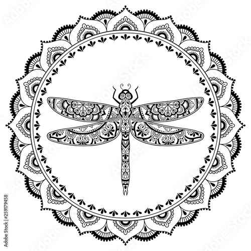 Circular pattern in form of mandala with dragonfly for Henna, Mehndi, tattoo, decoration. Decorative ornament in ethnic oriental style. Frame in the eastern tradition.