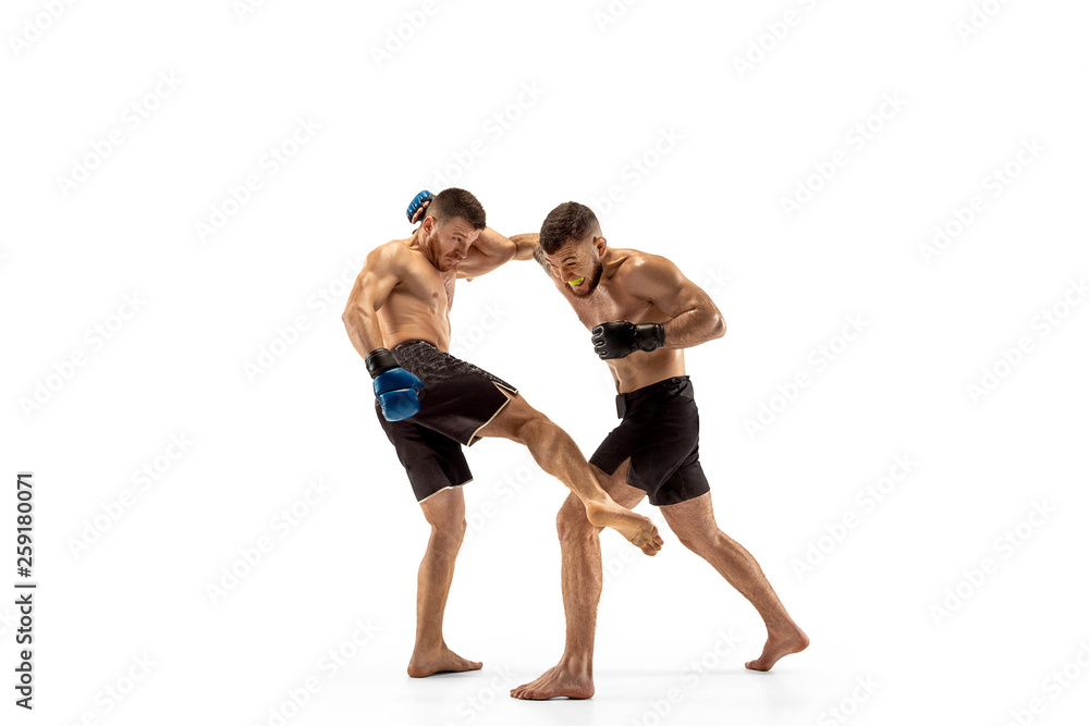 Two professional boxers boxing isolated on white studio background Two professional boxers boxing isolated on white studio background