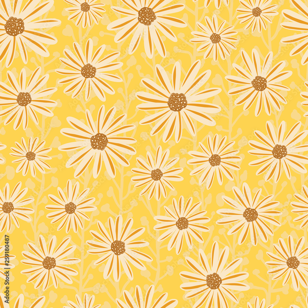 Chamomile flowers seamless vector repeat pattern. White Daisy flowers on yellow background. Contemporary seasonal ditsy floral repeat tile. Hand drawn retro design for summer fabric, decor, paper Chamomile flowers seamless vector repeat pattern. White Daisy flowers on yellow background. Contemporary seasonal ditsy floral repeat tile. Hand drawn retro design for summer fabric, decor, paper