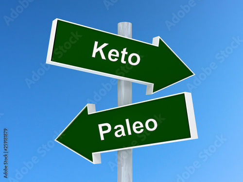 Choice between Keto and Paleo diet. Healthy lifestyle concept. 3D rendering, illustration photo