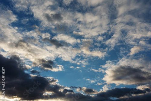 The view of the sky with different states of nature, at dawn and at dusk with dramatic red clouds, sunshine and beautiful sunsets and sunrises.