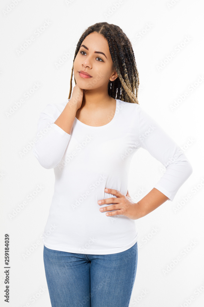 Summer t shirt design and people concept close up of young afro american woman in blank template white t-shirt. Mock up. Copy space. African hair style. front view. Summer t shirt design and people concept close up of young afro american woman in blank template white t-shirt. Mock up. Copy space. African hair style. front view.