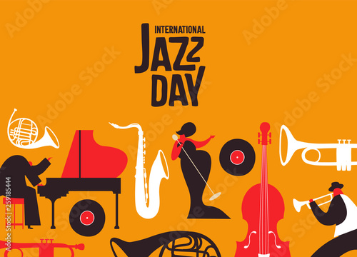 Jazz Day poster of retro music band instruments