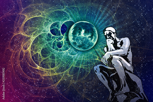 Thinker man sitting among fantasy space. Stylized silhouette of male person alone on a fantastic background of stars and planet. Conceptual symbol of wisdom, thinking, meditation and mental clarity.