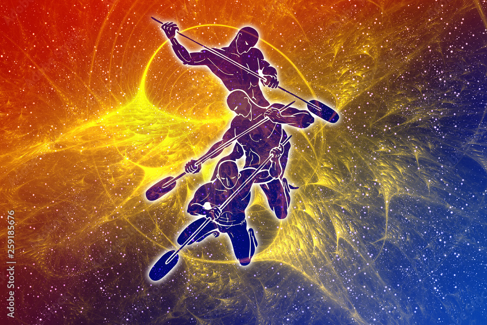 Naklejka premium Three men with paddles on sky and stars background. Fantastic abstract illustration in blue - green color. Beautiful pattern with people, outer space, clouds and stars - activity concept.