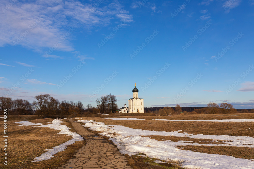 Church of the Intercession on the Nerl in early spring. Bogolubovo, Vladimir, Russia.
