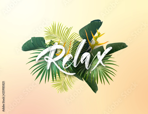 Summer tropical vector design for poster, banner or advertisment with exotic green palm leaves, flowers and handlettering on the bright background.