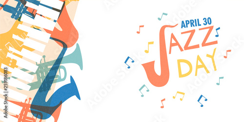 Jazz Day card of colorful music band instruments