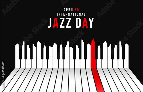 Jazz Day poster of piano keys as city skyline