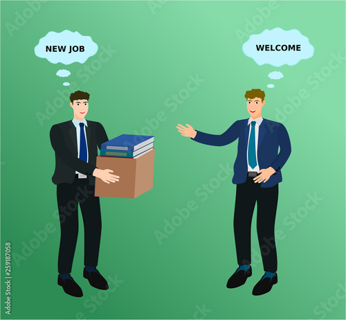 Businessman start new job and holding document box welcome by manager
