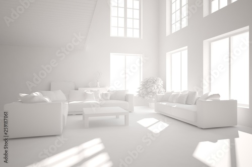 Stylish minimalist room with sofa in white color. Scandinavian interior design. 3D illustration