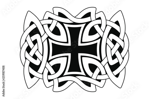 Celtic national ornament.Celtic national ornament interlaced ribbon with a cross in the center isolated on white background. Element for graphic design and tattoo.