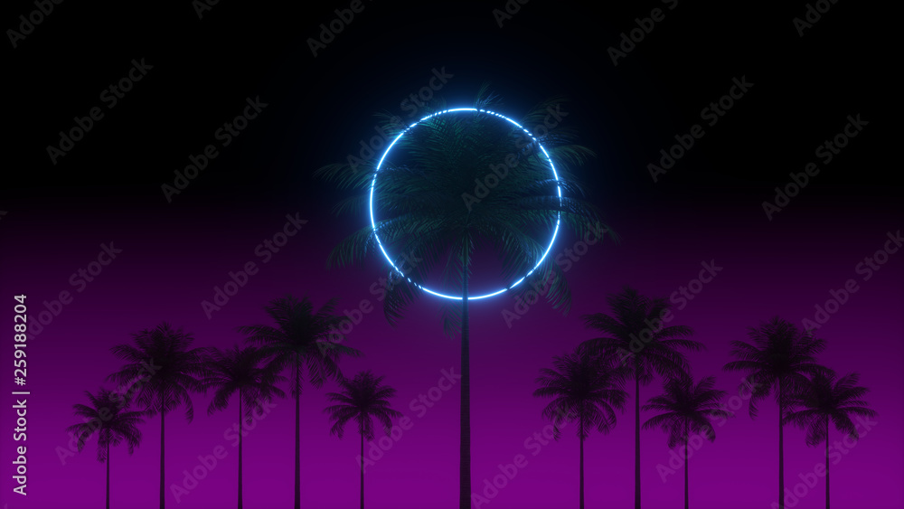 Naklejka premium 3D vaporwave render background with neon circle, palms and night violet sky. Synthwave 1980s rentowave illustration.