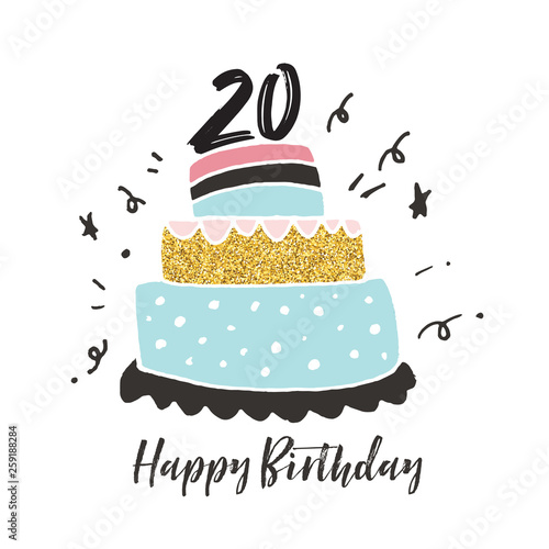 20th birthday hand drawn cake birthday card