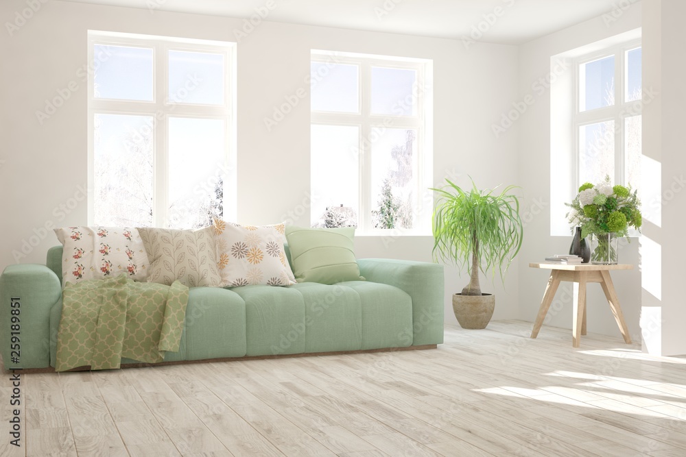 Fototapeta premium White stylish minimalist room with sofa. Scandinavian interior design. 3D illustration