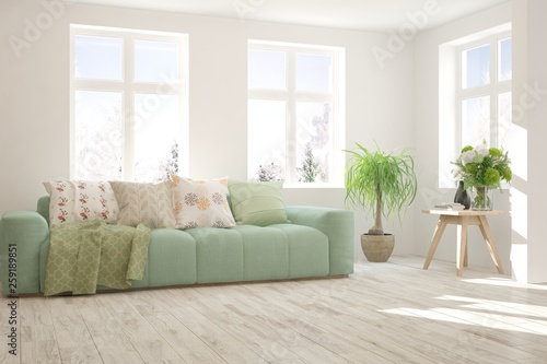 White stylish minimalist room with sofa. Scandinavian interior design. 3D illustration © AntonSh