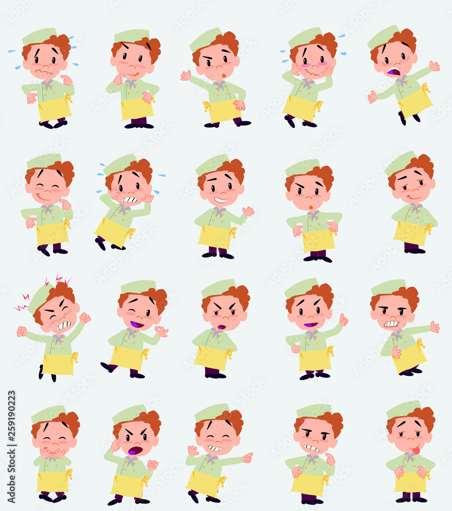 Cartoon character chef. Set with different postures, attitudes and poses, doing different activities in isolated vector illustrations. Cartoon character chef. Set with different postures, attitudes and poses, doing different activities in isolated vector illustrations.