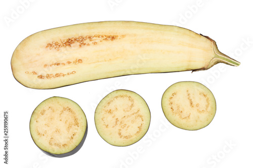 Sliced eggplant isolated on white, flat lay pattern