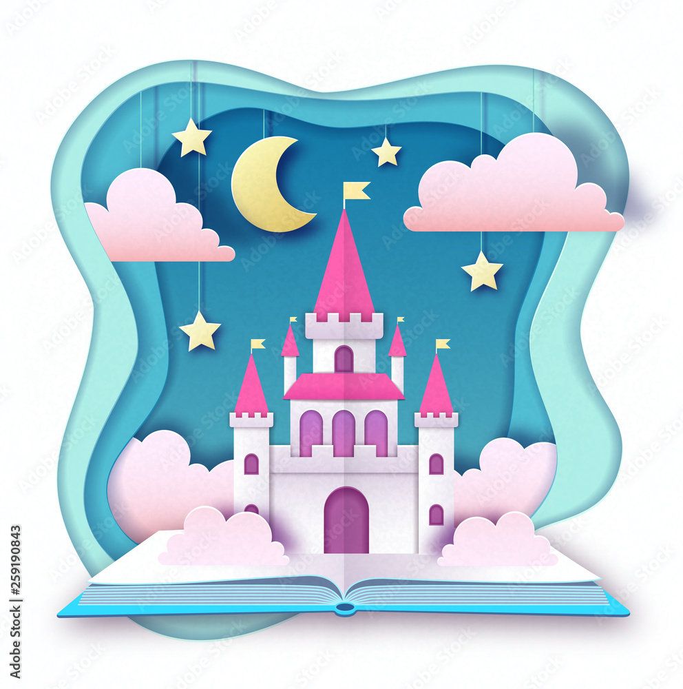 Open fairy tale book with castle with clouds, stars and moon. Cut out paper art style design. Origami