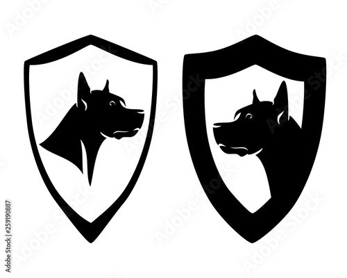 dane dog head in simple heraldic shield - security concept black and white vector design
