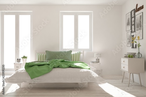 White stylish minimalist bedroom. Scandinavian interior design. 3D illustration