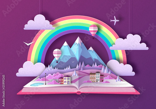 Open fairy tale book with countryside mountains landscape. Cut out paper art style design