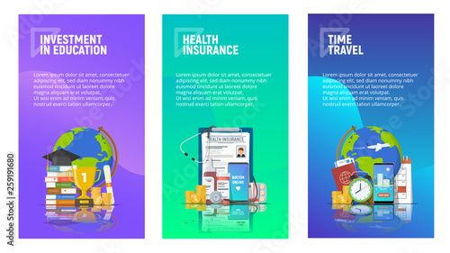 Set of mobile pages templates for articles. Investment in education. Health insurance. Time to travel. Liquid gradient background and flat icons. Vector illustration.