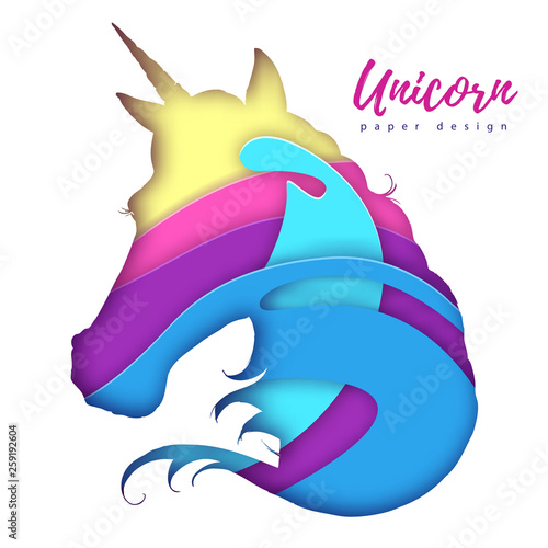 Fantasy animal horse unicorn silhouette. Cut out paper art style design.