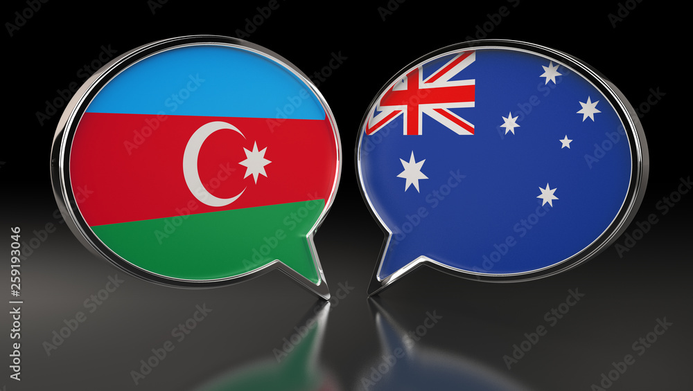 Azerbaijan and Australia flags with Speech Bubbles. 3D Illustration