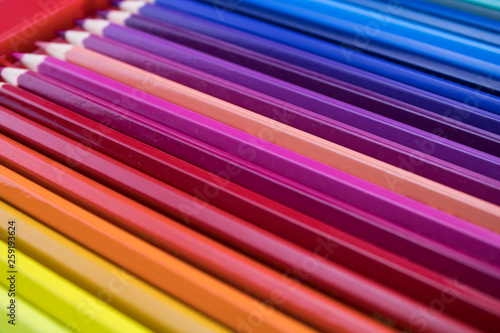 Set of color pencils inside the box. Back to school.